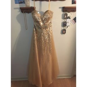 Strapless gold ball gown prom dress