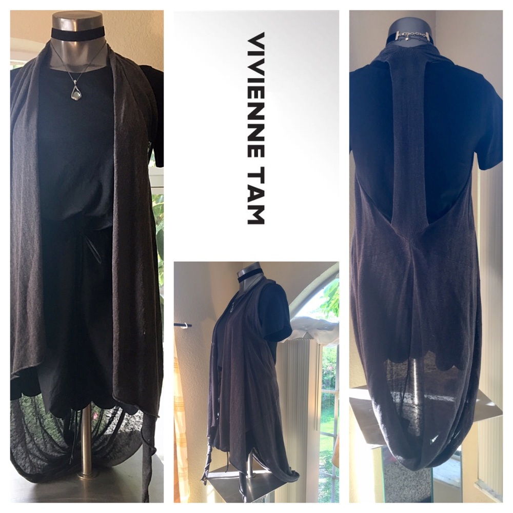 Vivienne Tam Charcoal Gray Shawl Sweater Vest