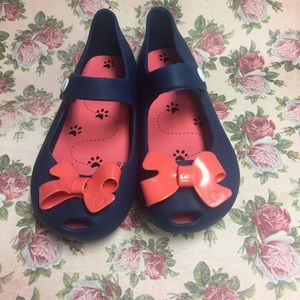 Navy & Coral bow Peep Toe Jellies