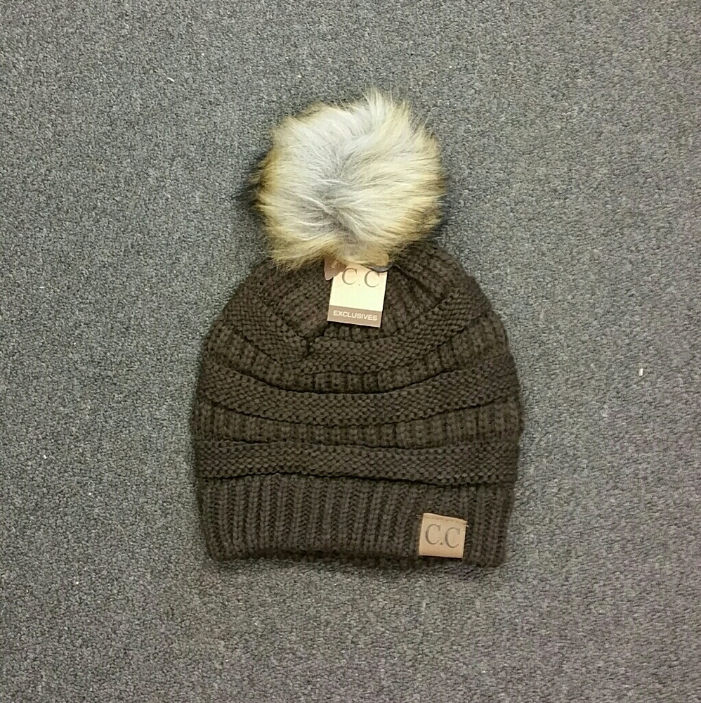 NWT CC Fur Beanie Knit Hat Brown AUTHENTIC