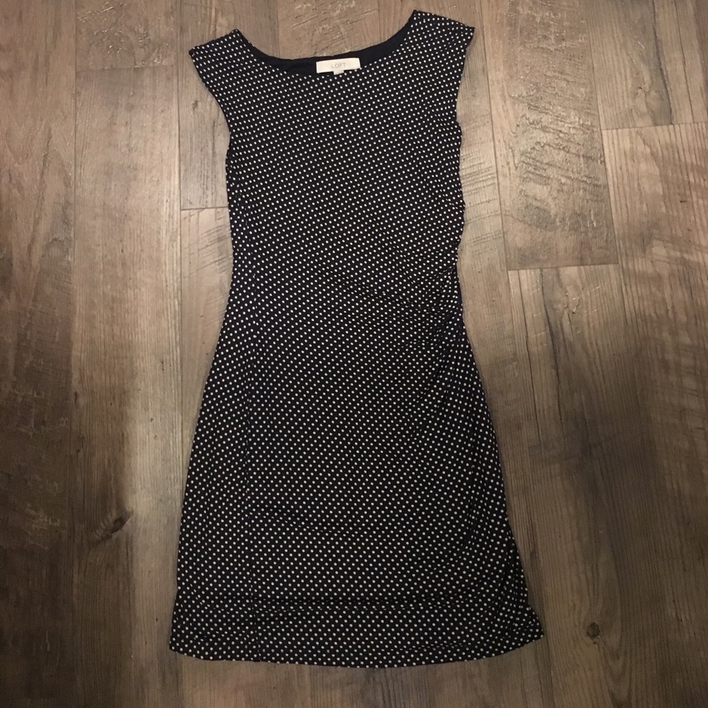 Small Loft navy with tan polka dots dress
