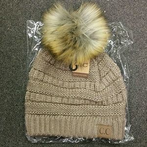 NWT CC Fur Beanie Knit Hat Taupe AUTHENTIC