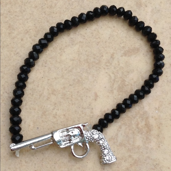 Silver Tone Crystal Gun Revolver Stretch Bracelet - Picture 1 of 1