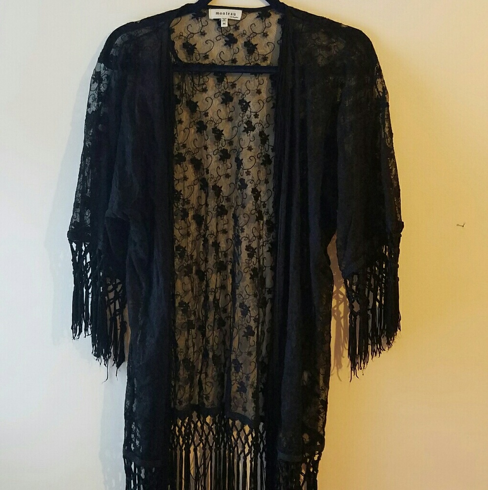 Black Lace Kimono/Shawl With Fringe and Tassels