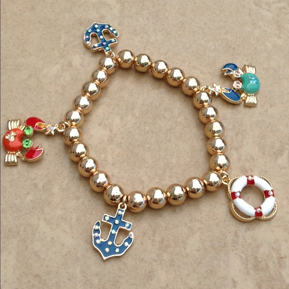 Gold Tone Enamel Nautical Beach Charm Bracelet