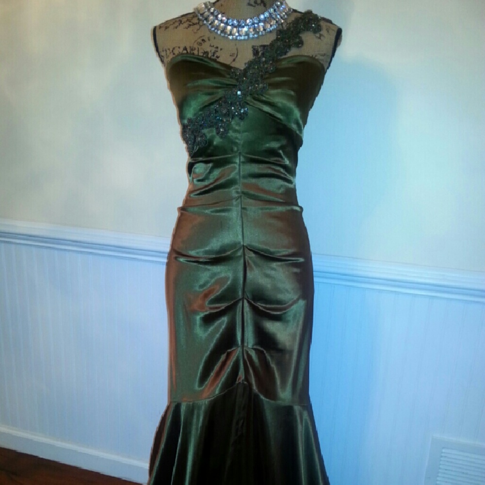 Olive green satin mermaid dress.