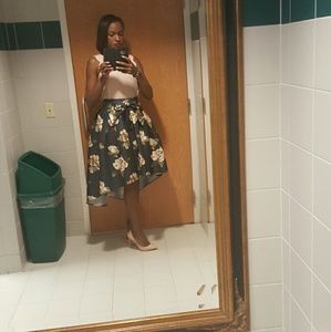 Floral full print skirt plaited navy blue skirt