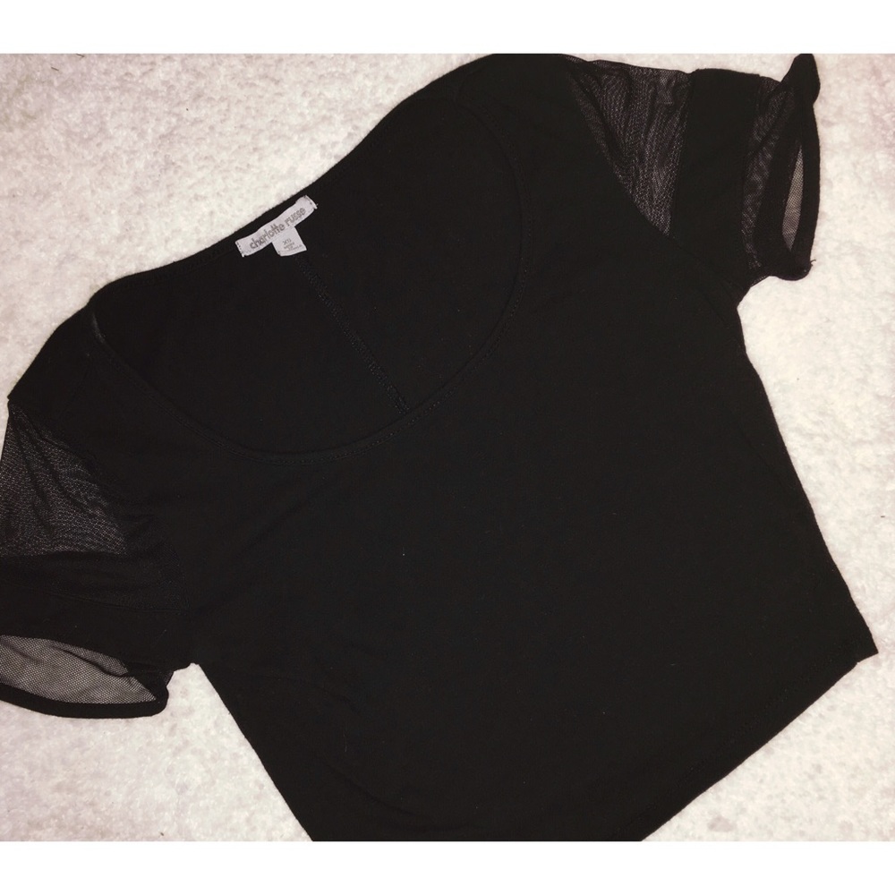 Black crop top with mesh short sleeves