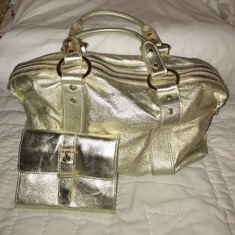 NWOT Genuine Leather Gold bag and matching wallet
