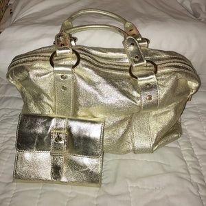 NWOT Genuine Leather Gold bag and matching wallet