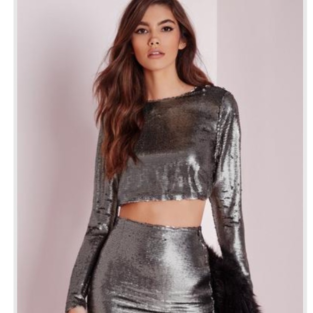 Missguided long sleeve sequin grey top