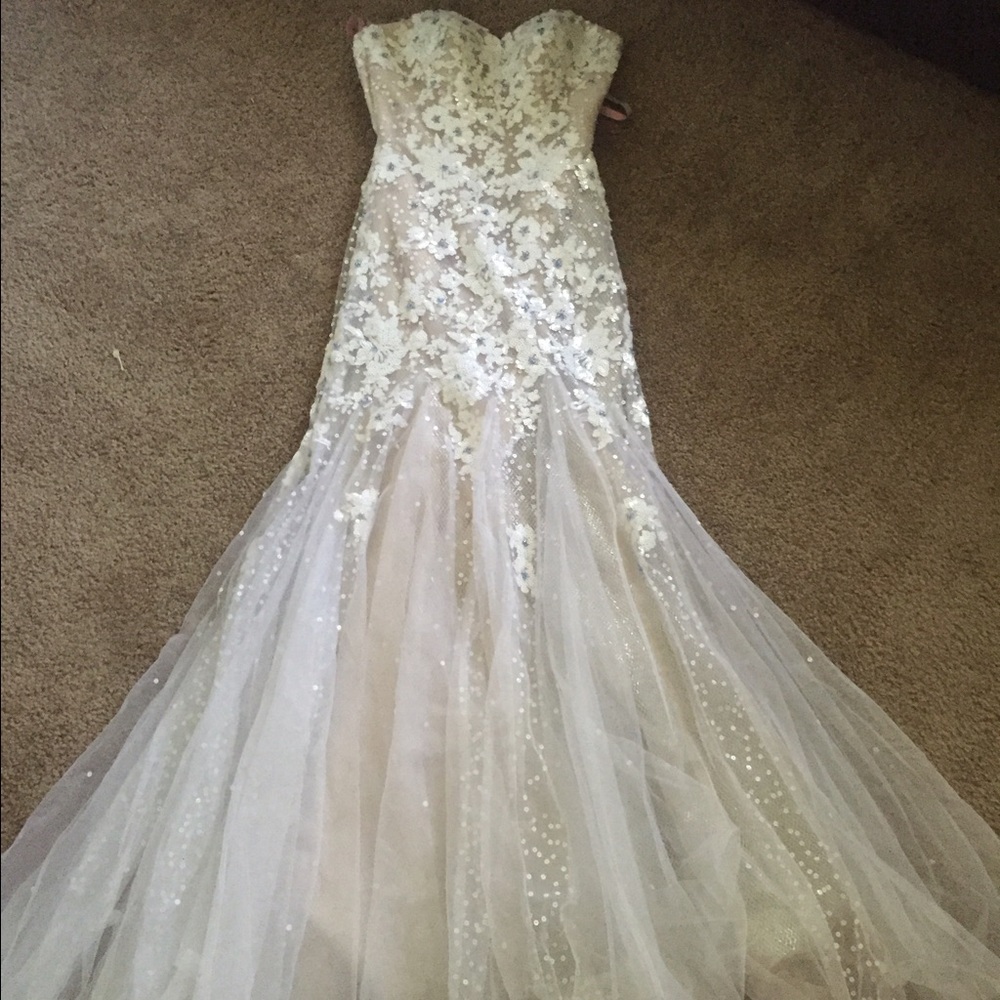 White and tan Blush prom dress.