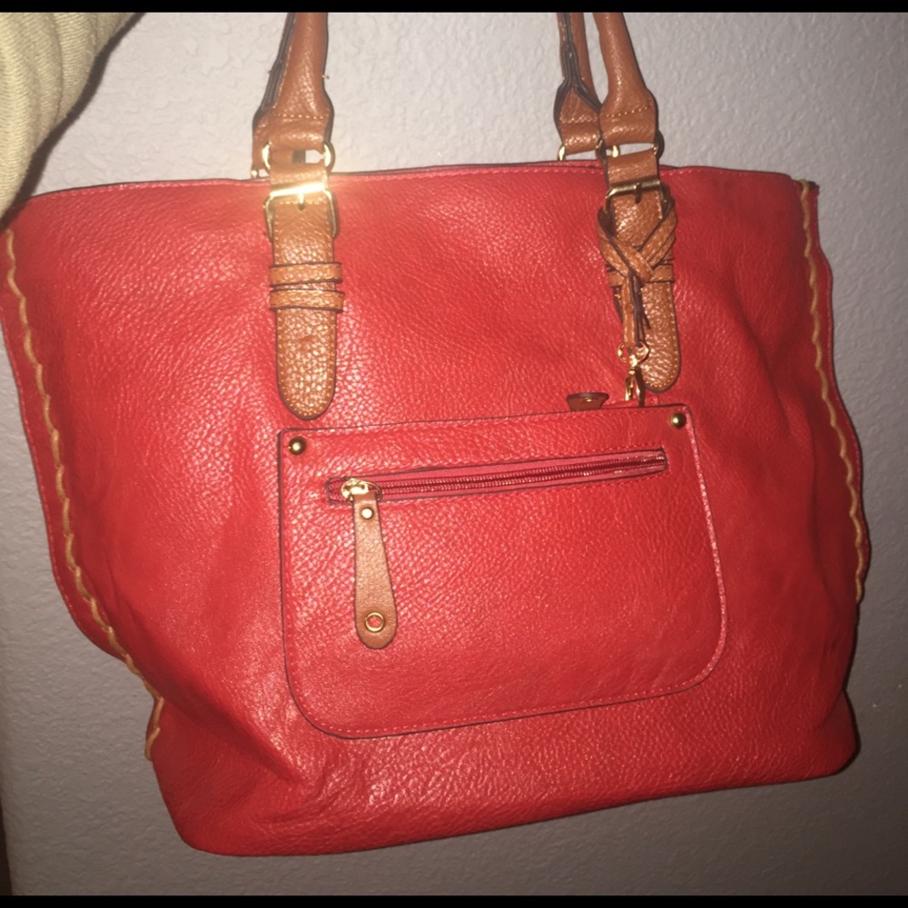 Red leather handbag with crossbody bag