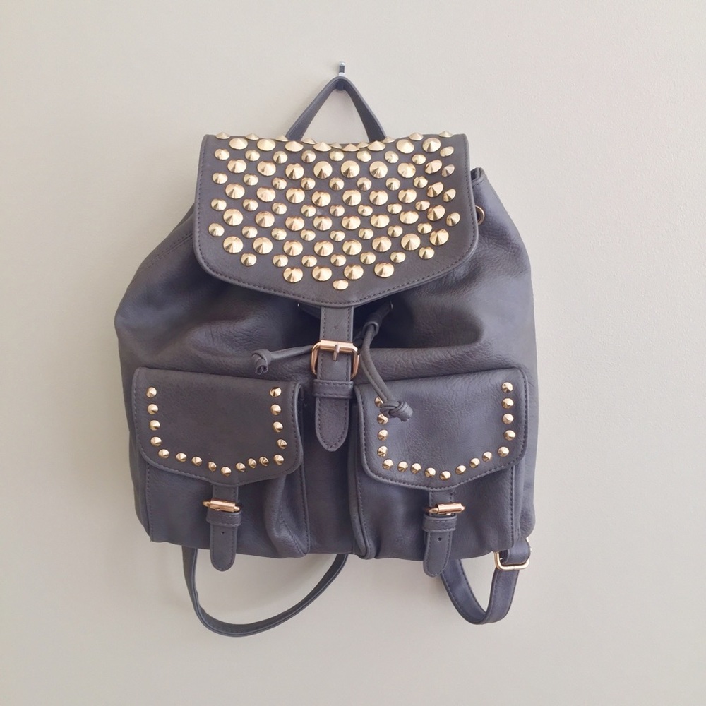 Dusty Olive Green Gold Studded Leather Backpack