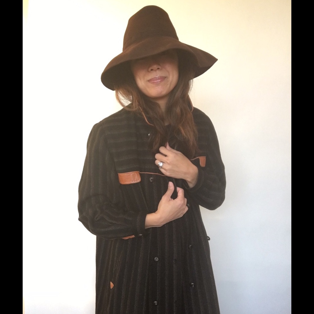 Vintage wool coat with leather trim