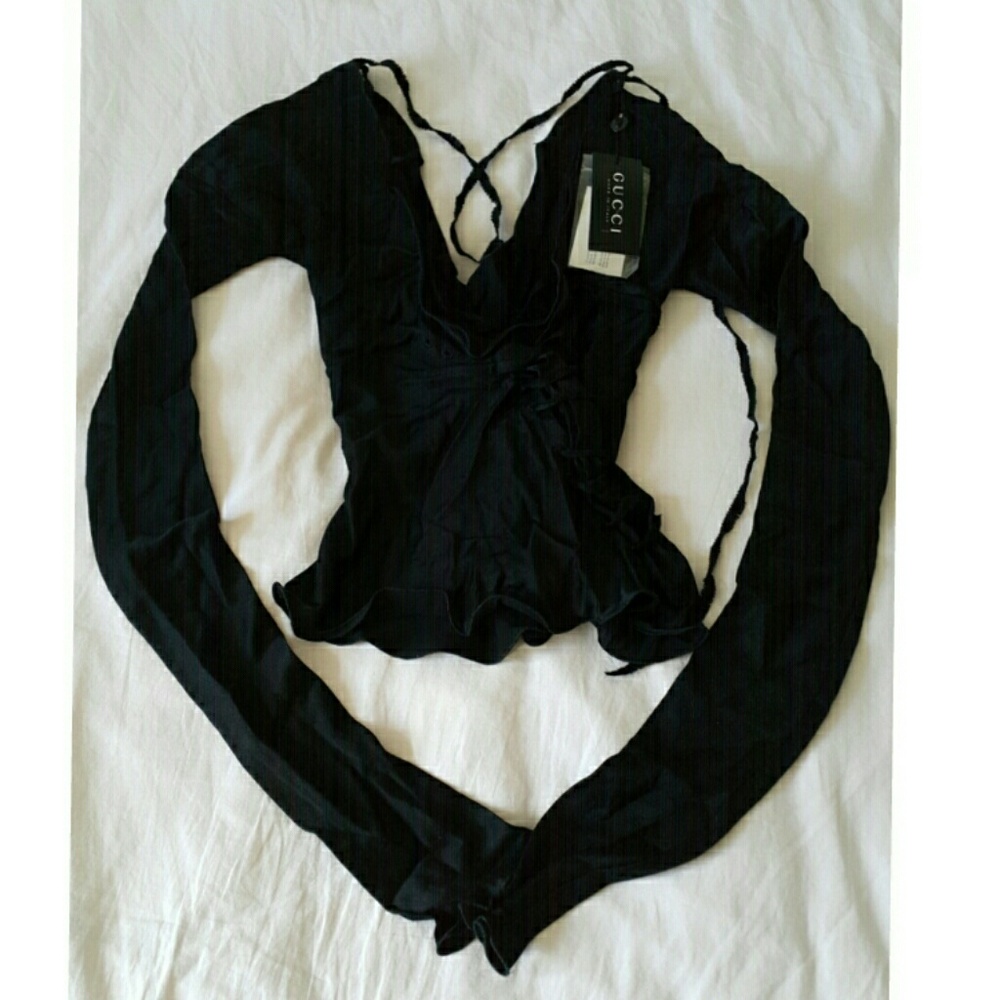 Gucchi black silk top with lace strings NWT