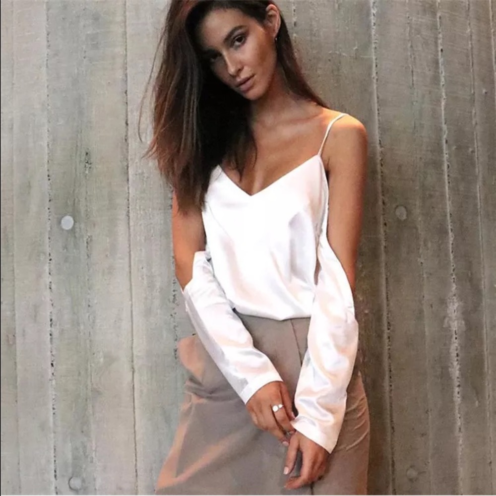 White satin camisole long sleeve shirt.