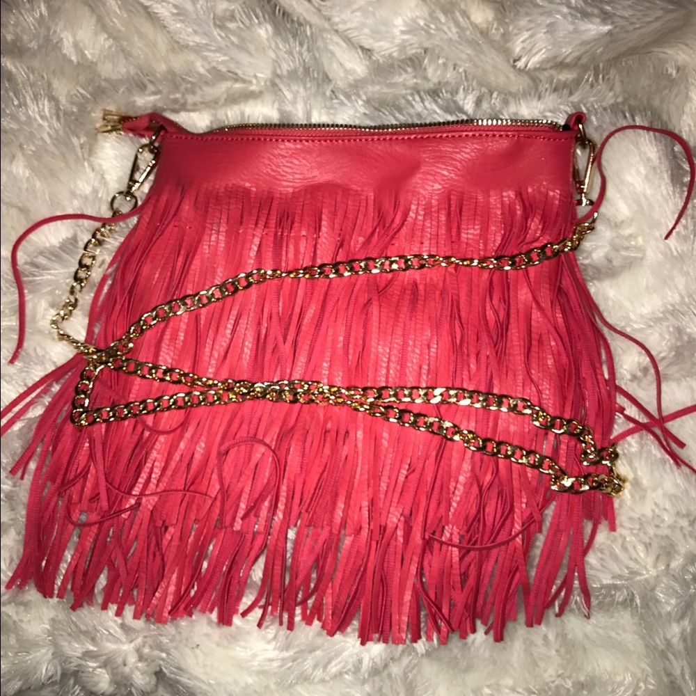 Coral pink fringe cross body bag!
