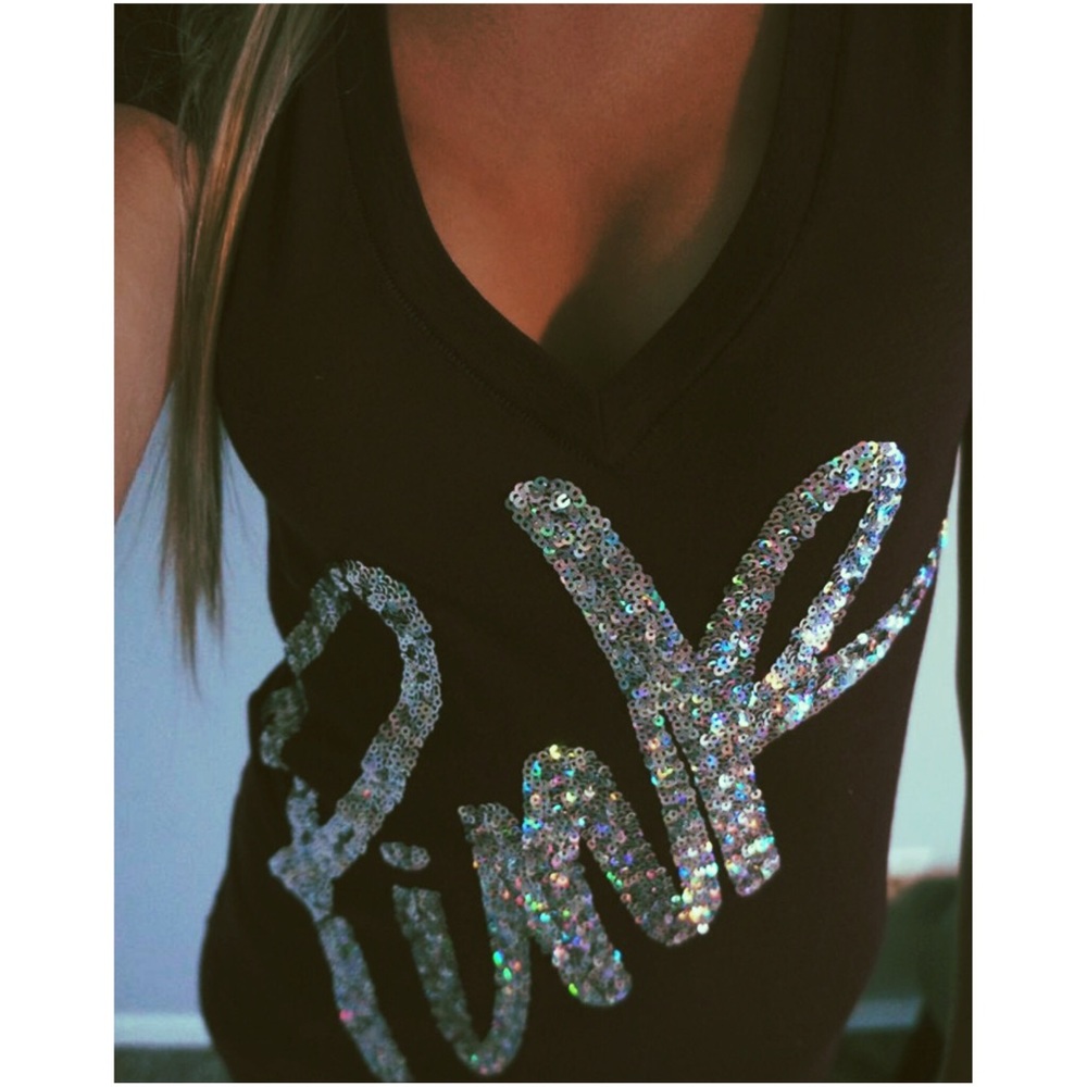 VS PINK BLING Sequins V Neck Tee Shirt