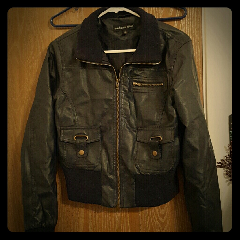 Dark blue leather biker jacket