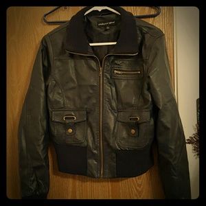 Dark blue leather biker jacket