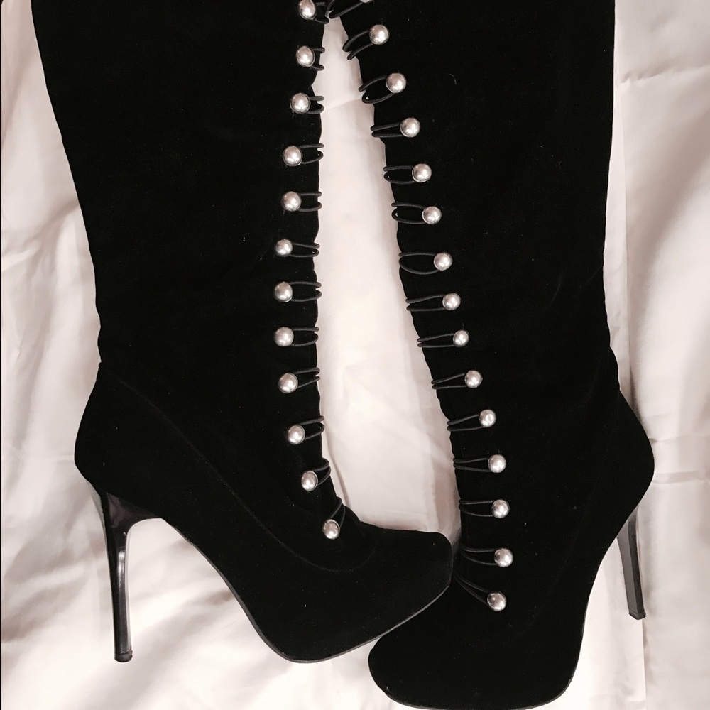 Long black velvet army boots with hidden platform