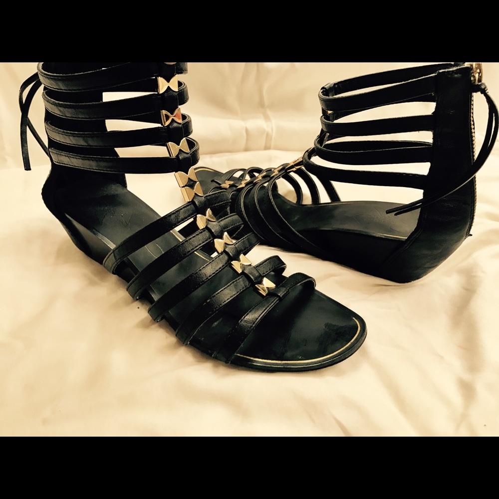 Black leather sandals, 2" wedge with gold accents