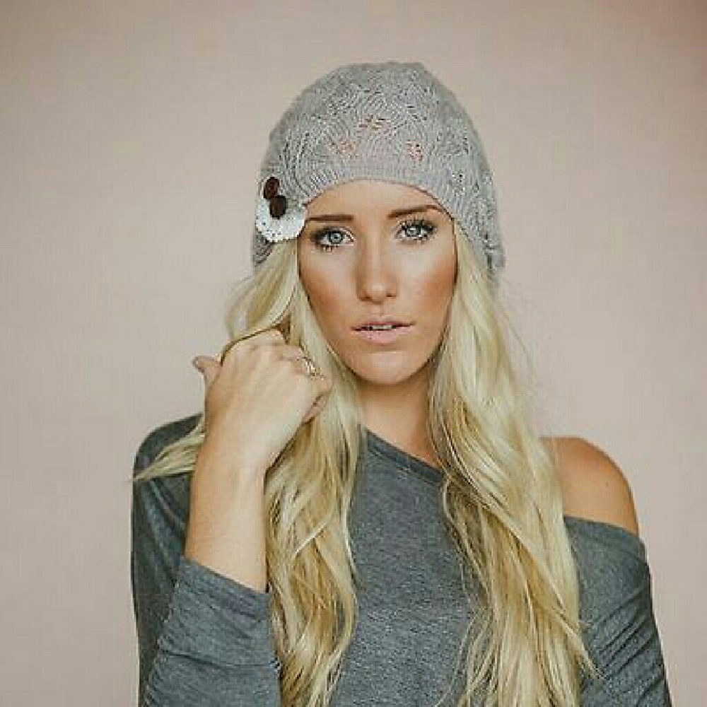 Button Accent Crochet Gray Beanie Hat