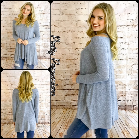 NWT Gray Cold Shoulder Relaxed Slub Knit Top - Picture 2 of 4