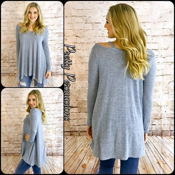 NWT Gray Cold Shoulder Relaxed Slub Knit Top - Picture 3 of 4