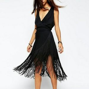 NWT ASOS Fringe Little Black Wrap Midi Dress