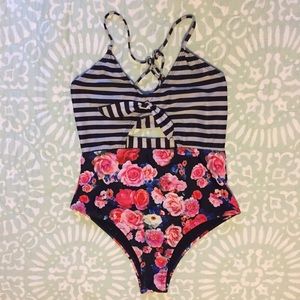 One piece floral and striped swimsuit