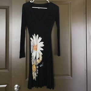Desigual sun flower long sleeve v neck dress
