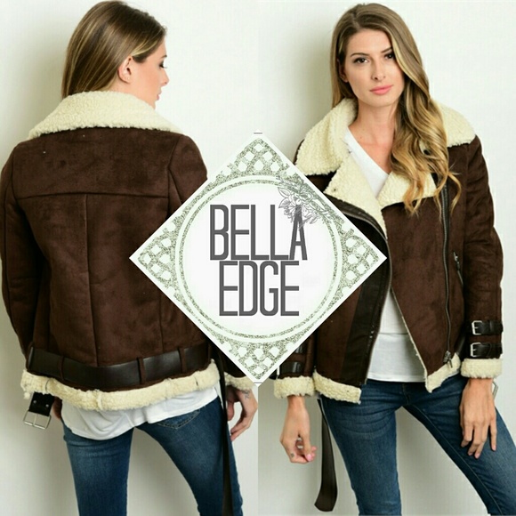 Bella Edge Boutique Jackets & Blazers - Brown suede faux shearling aviator jacket