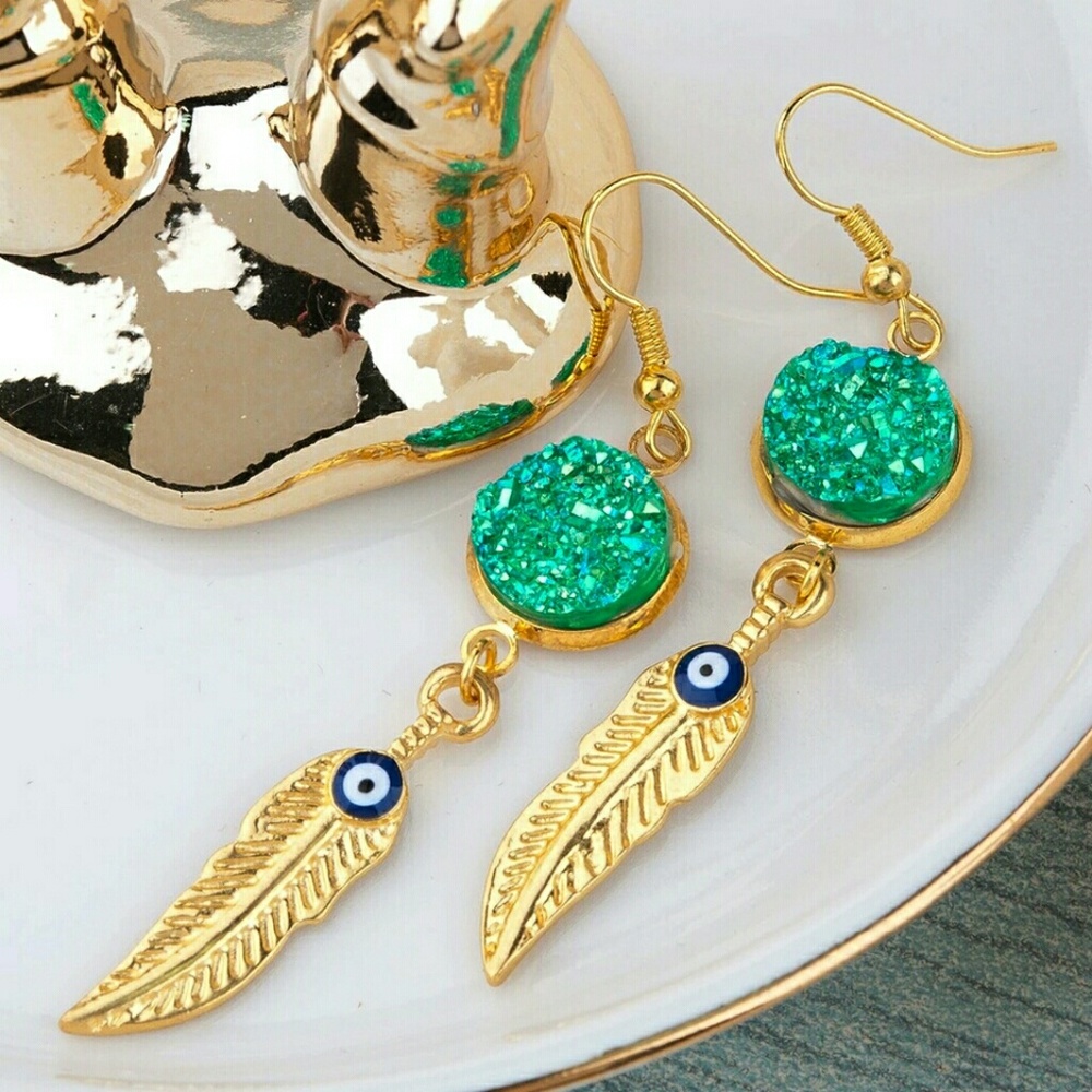Green druzy golden feather earrings
