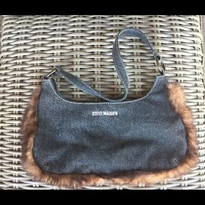 Steve Madden denim bag with faux fur trim.