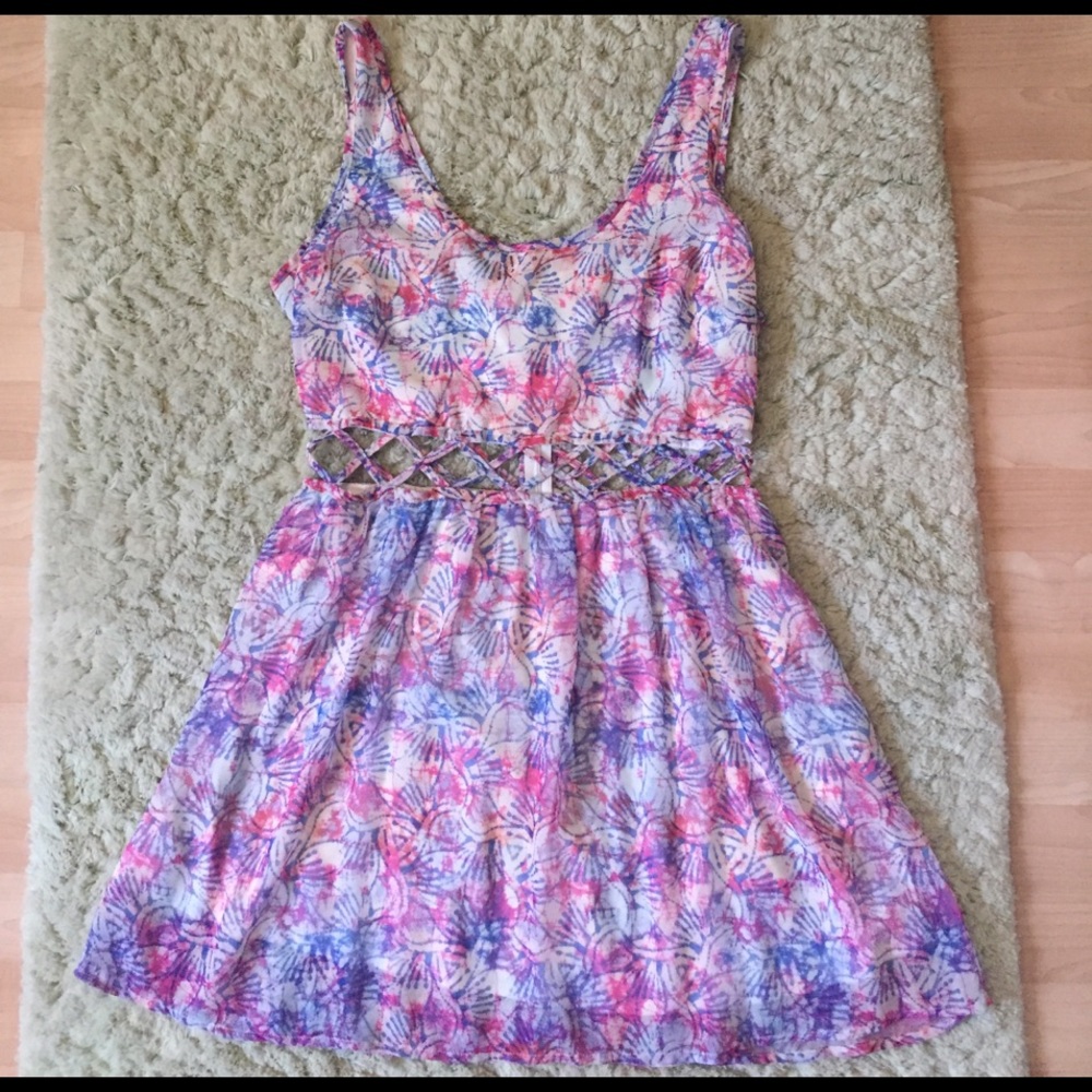 Lattice waist, multicolored dress.