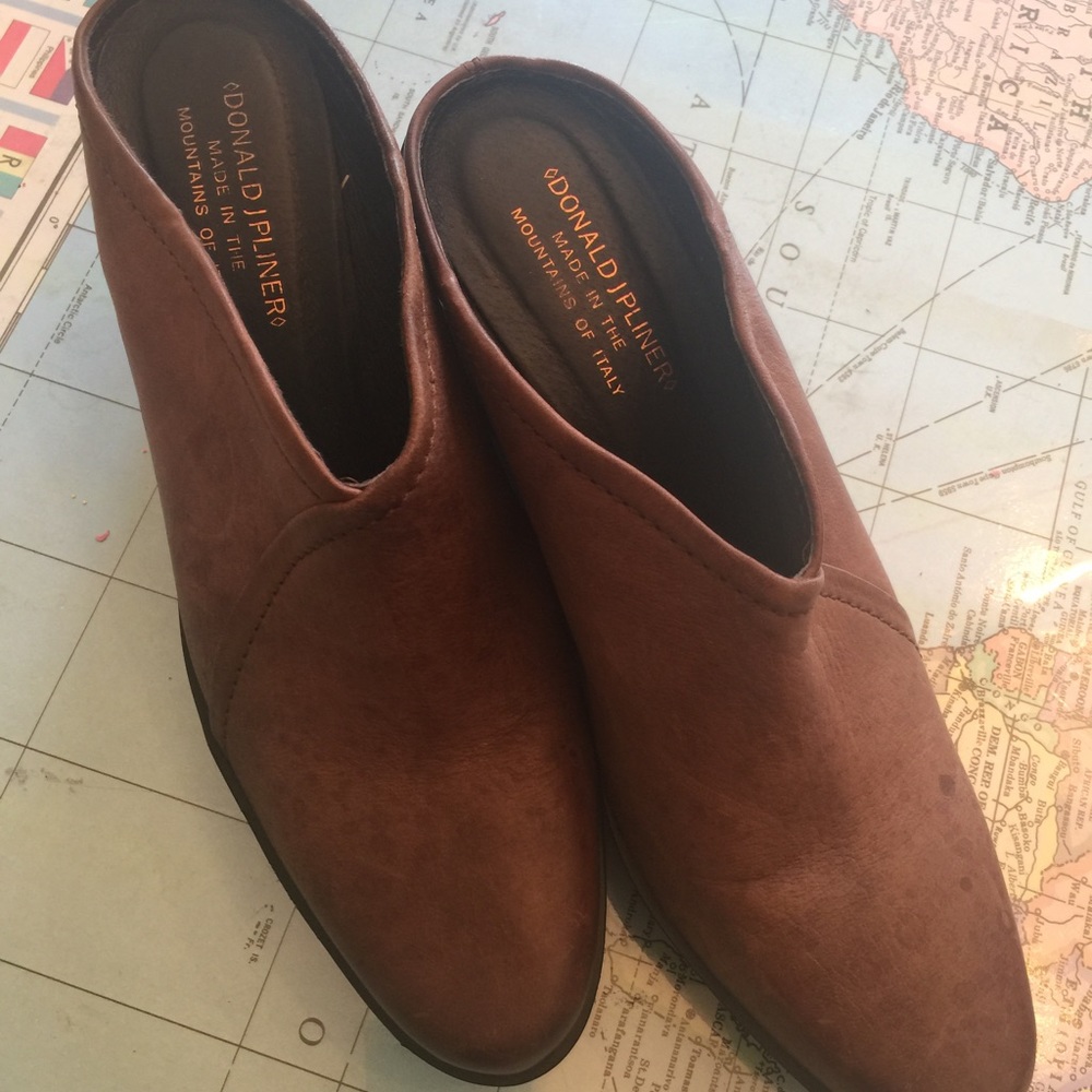 Donald Pliner brown leather wedge heel mules