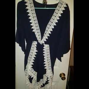 Navy Romper with cream lace trim