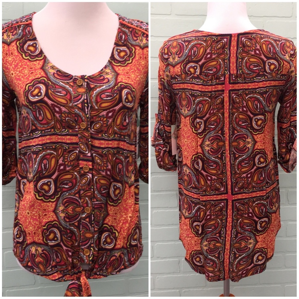 Orange Paisley Tie-front Bouse