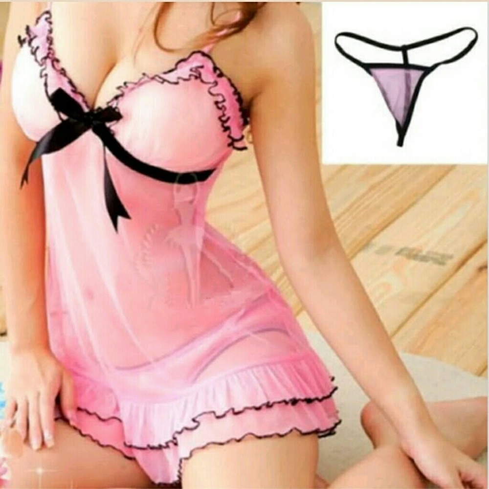 NIP Sexy Pink &Black Sheer Babydoll Lingerie