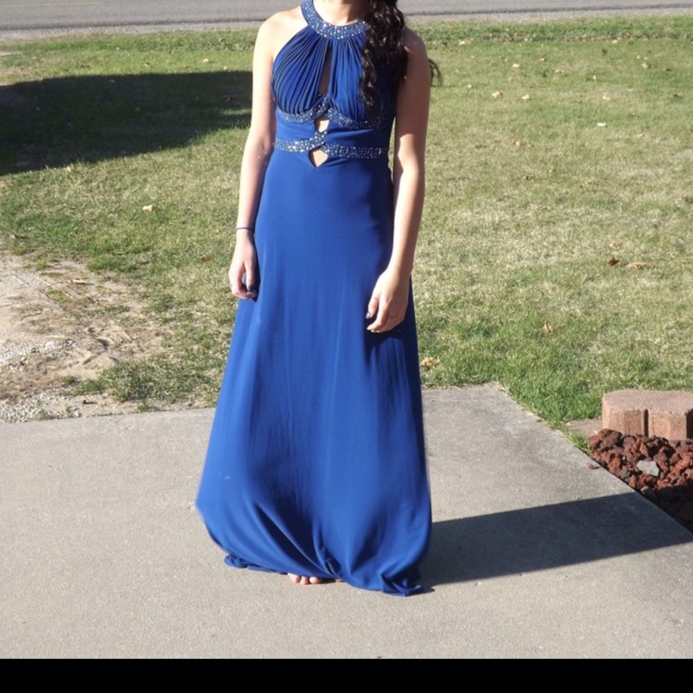 Blue sequins prom dress open back