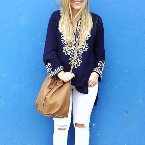 Tops - MOVING SALE❗️Navy + White Ribbon Embellished Tunic Tops - MOVING SALE❗️Navy + White Ribbon Embellished Tunic