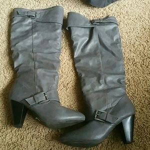 Grey knee high boots