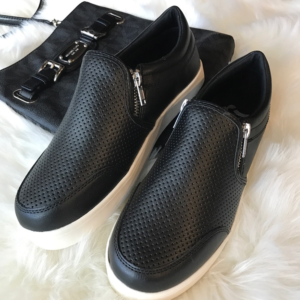 NWT Black perforated slip on shoe, side zippers