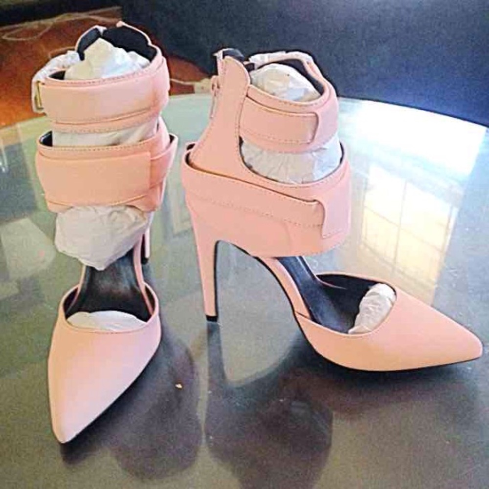 BLUSH NUBUCK POINTED DOUBLE STRAP HEELS