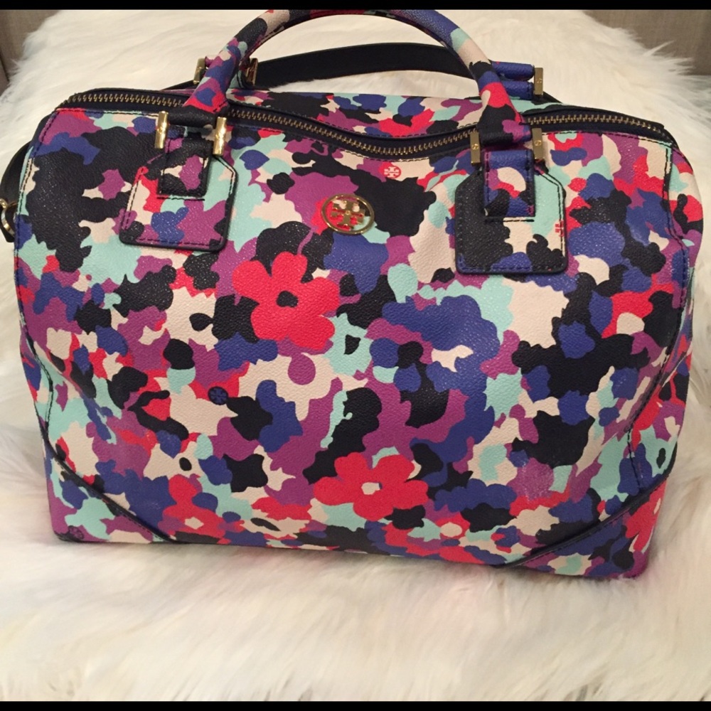 Tory Burch Leather Floral Tote Handbag