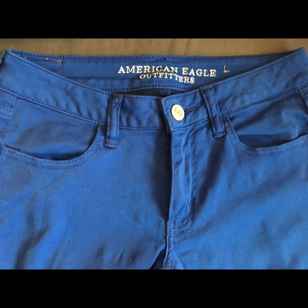 American Eagle bright blue jeggings.