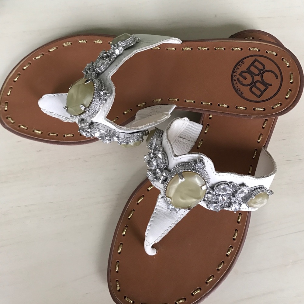 BCBG Gen white jeweled sandals. Worn lightly once