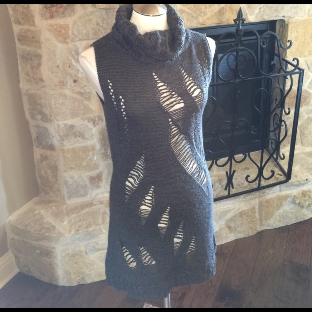 Grey long sleeveless open weave sweater